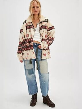 Free People Cats Meow Oversized Zip-Up Cardi Jacket Shortbread Combo Small